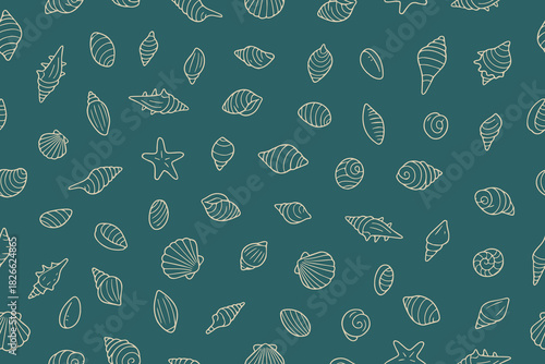 
Seamless pattern featuring a variety of hand-drawn seashells and starfish, arranged on a teal background. 