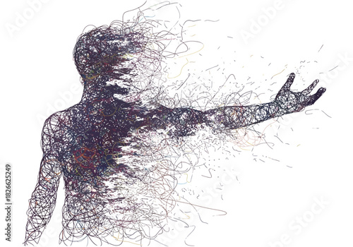 Silhouette of a figure dissolving into abstract colorful threads extending an arm