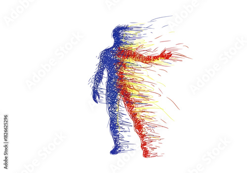 Stylized dissipating human figure composed of blue yellow and red scribbles on white