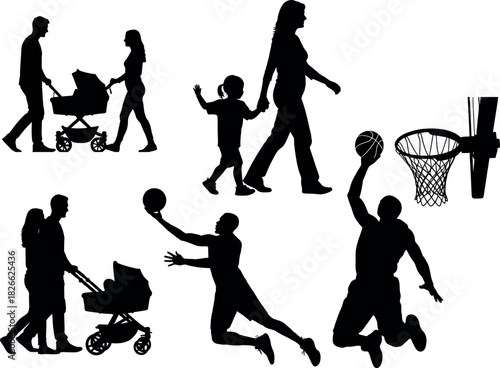 Family activities and sports silhouettes parents children basketball and strollers