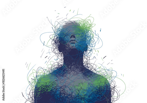 Stylized human bust silhouette composed of blue and green abstract lines on white