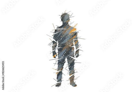 Stylized human silhouette composed of abstract gray black and orange digital brushstrokes with protruding lines