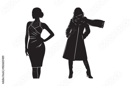Two fashionable women silhouettes in elegant attire