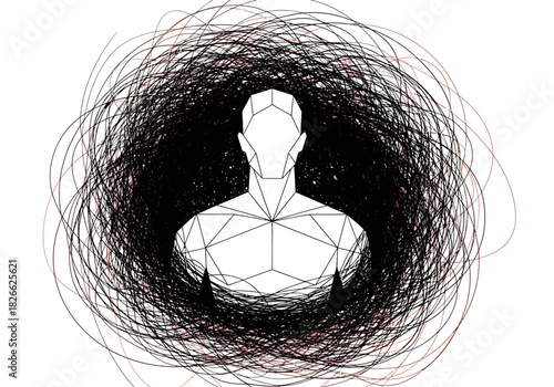 White geometric bust centered within a dark chaotic scribble ring on a white background