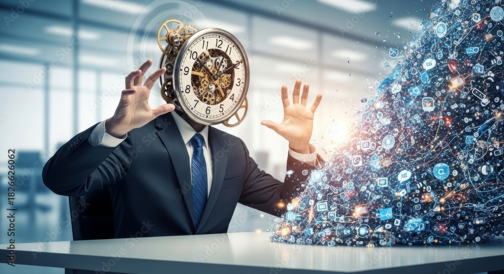 Obraz premium Digital time management: businessman with clock head manipulating data stream