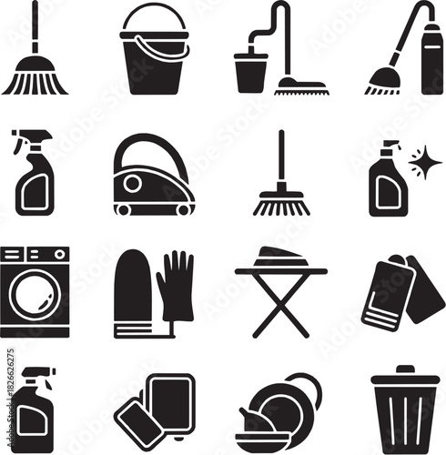 Cleaning and household item icon set. Vector glyph pictograms of mop, bucket, vacuum, spray bottle, iron, trash can, sanitation tool, home chore black silhouette