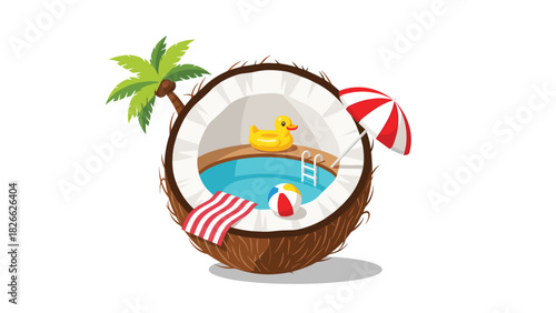 Adorable coconut pool party with rubber duck, beach ball, and umbrella evokes summer vibes and tropical fun for creative projects