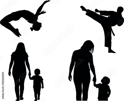 Silhouettes of acrobat martial artist mother and child on white background