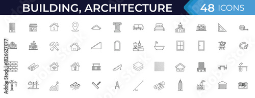 Building, architecture and design icon set. Vector pictograms of houses, buildings, blueprints, interior furniture, windows, doors, stairs, materials and home improvement illustration
