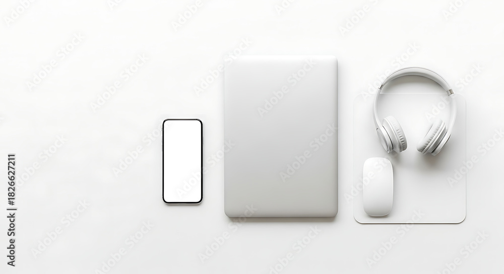 Fototapeta premium Clean White Flat Lay Minimalist Tech Laptop and Smartphone