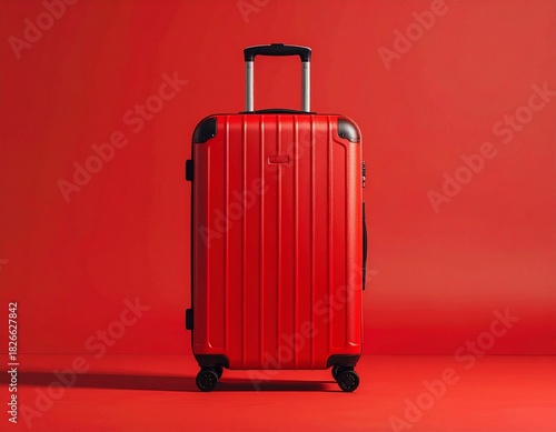 Red suitcase standing upright against bold red background for travel, luggage, and vacation imagery