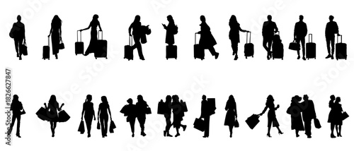A stylish collection of travel and shopping silhouettes featuring people with suitcases and shopping bags in natural walking poses. Ideal for airport scenes, retail concepts, holiday campaigns, modern