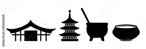 Traditional Japanese Cultural Icon Vector Set Temple, Pagoda, Tea Ceremony, and Gate Silhouette