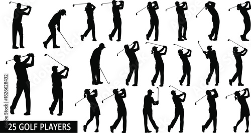 Golf player silhouette vector, swing pose collection, black graphic art, sports motion design, athletic clipart, golfing technique illustration