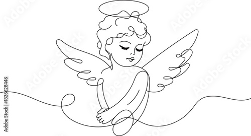 Quadro su tela Minimalist one line drawing of baby angel with halo, continuous line art cherub