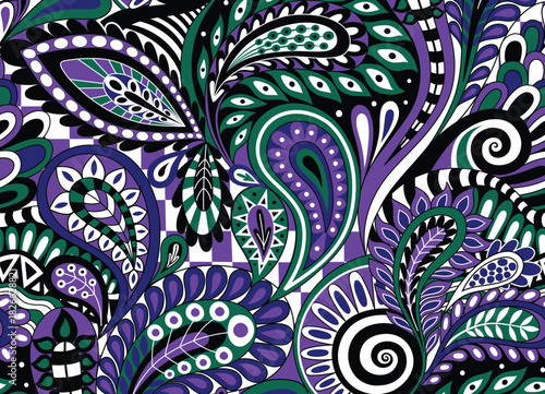 Boho floral paisley pattern in black and white, purple, and green. Textile pattern
