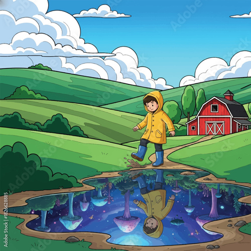 A child in a yellow raincoat steps over a puddle reflecting a magical fantasy world with glowing mushrooms and a starry sky, set against green hills and a red barn.