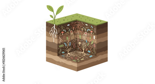 An illustration of a cross-section of soil layers with a plant growing out of the top, showcasing roots, microorganisms, and various underground components in a detailed, cutaway view with