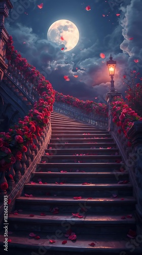 Enchanting moonlit staircase lined with roses under a starry sky