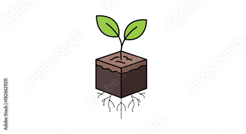 A small green plant grows out of a brown cube-shaped soil block with visible roots on a white background.