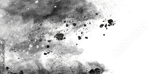 Grunge black and white distressed texture with scattered speckles and blotches for abstract background. dynamic display, sending dust and debris flying into the air against a clean white backdrop.