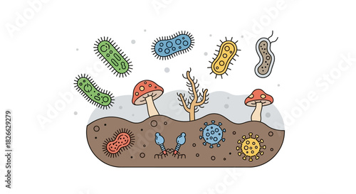 An illustration of various microorganisms including bacteria and fungi growing in soil with a mix of colorful cells and spores.