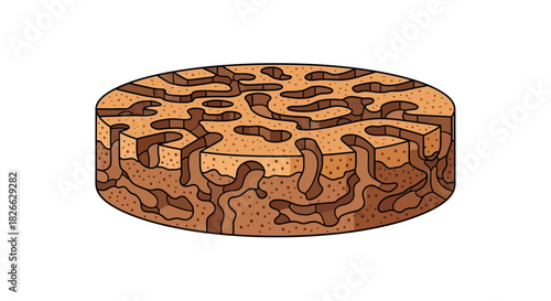 A cartoon-style illustration of a cheesecake with a brown and light-brown patterned crust on a white background.
