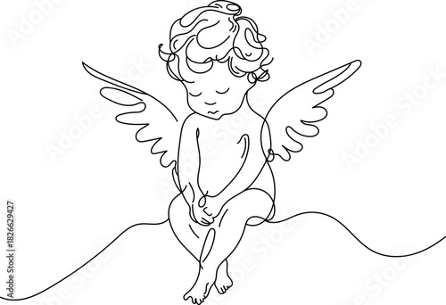 Cute angel baby outline style. Minimalist winged child vector illustration. Cupid. For romantic, spiritual, holiday and decorative design projects.