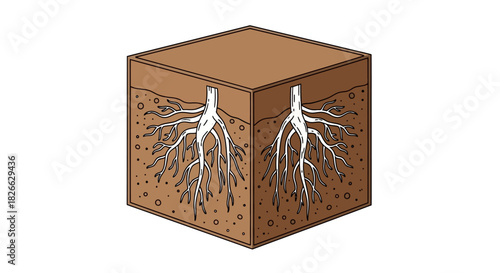 An illustration of a brown cube with white roots growing out of it on a white background, showcasing soil and root system details in a simple graphic style with earthy tones.