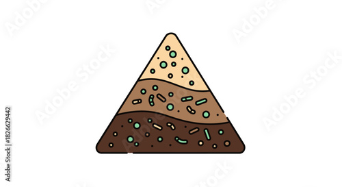 An illustration of a triangular soil profile with distinct layers of earth, organic matter, and rocks in shades of brown on a white background.