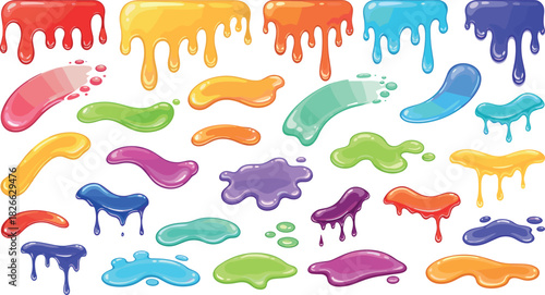 Collection of colorful dripping liquid blobs and splatters slime