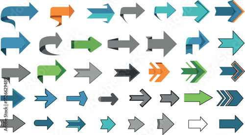 Collection of diverse flat design arrows in various colors and styles direction right