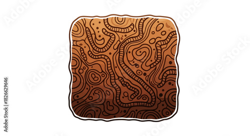 A close-up shot of a brown topographic map design on a square piece of paper with a white background.
