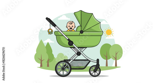 A cheerful baby with a happy smile sits inside a bright green stroller, enjoying a pleasant outdoor stroll in a park with trees and sunshine.