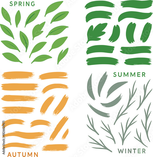 Four seasons graphic elements with leaves and brush strokes spring summer
