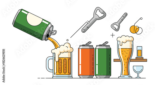 A colorful illustration featuring beer being poured from a can into a mug, alongside other beer cans, glasses, and bottle openers, set against a white background.
