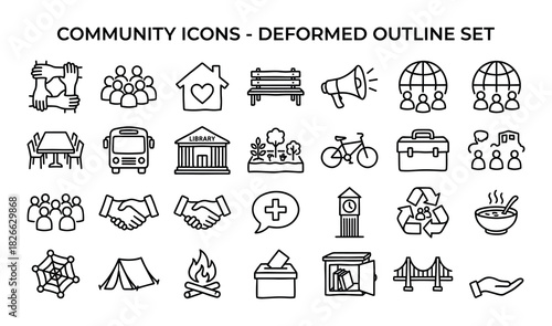 A collection of hand drawn community icons with a deformed outline set on a white background