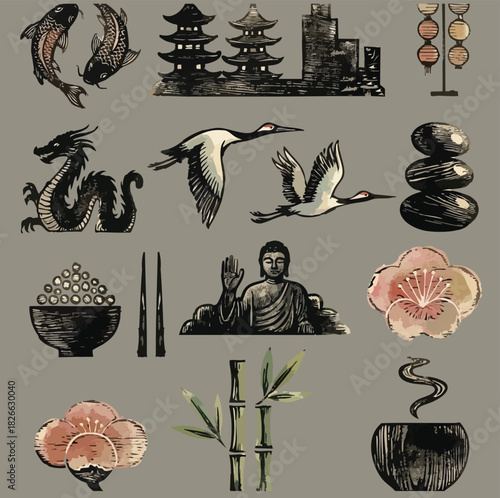 Traditional Japanese and East Asian cultural motifs and elements. The designs are in a sepia-tone style with some light color shading like a pale pink/orange.