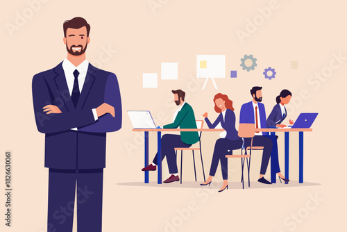 Confident business leader with team working at desks in background