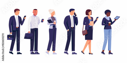 Diverse group of business people using mobile devices and holding briefcases