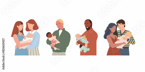 Diverse families holding newborn babies with love and care illustration