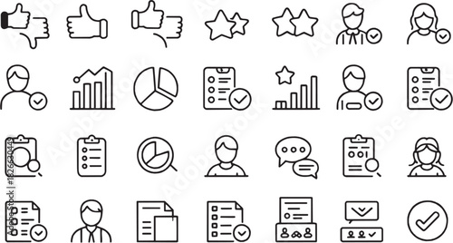 User interface feedback icon set. Vector glyph pictograms of checkbox, star, rating form, approval mark, review symbol, comment box, interface element black silhouette