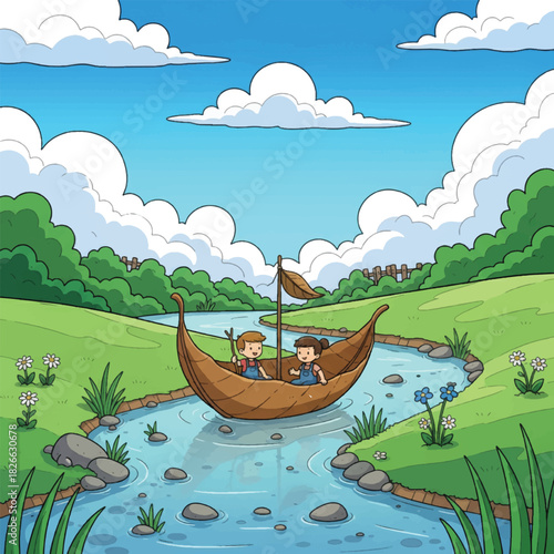 Two children enjoying a boat ride down a winding river surrounded by lush green hills and fluffy clouds.