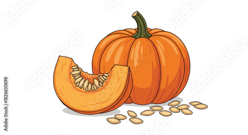 An illustration of a vibrant orange pumpkin, a cut slice revealing its seeds, and loose pumpkin seeds scattered around, all set against a clean white background.