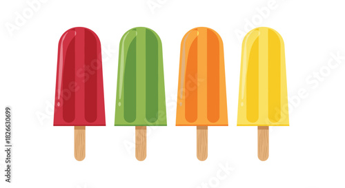 A vibrant illustration of four assorted fruit-flavored popsicles on wooden sticks, perfect for a refreshing summer snack.