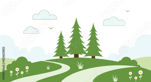 A serene flat design illustration of a natural park landscape with lush green rolling hills, a winding path, tall evergreen trees, and calm clouds.