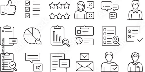 Rating and user interaction icon set. Vector glyph pictograms of star, thumbs up, feedback symbol, review mark, approval icon, user vote, engagement badge black silhouette