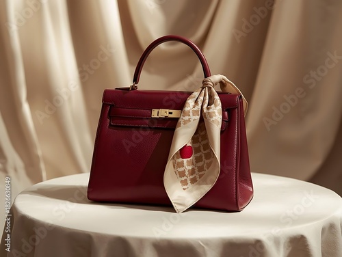Elegant burgundy leather handbag adorned with a designer silk scarf