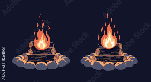 Two pixel art campfires with bright flames, stacked logs, and stone rings, radiating warmth and light against a deep dark background.