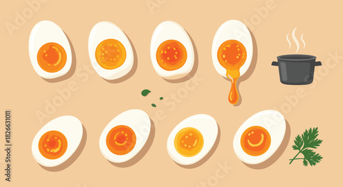 A visual guide illustrating the diverse range of boiled egg consistencies, from soft and runny to firm and hard, with a cooking pot.